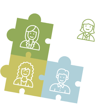 green, blue, yellow, and white puzzle pieces fitting together. each puzzle piece depicts an icon of a smiling employee